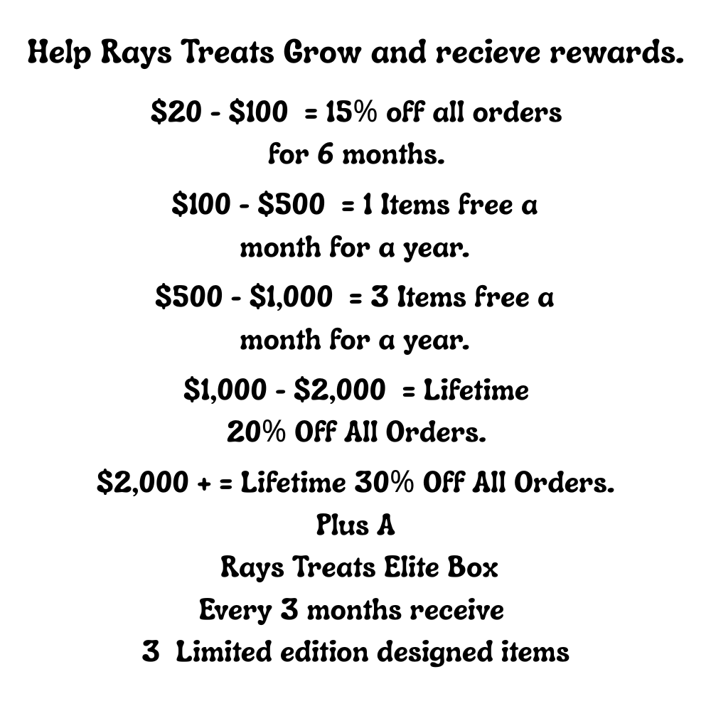 $100 - $500 = 1 Items free a month for a year. Rays Treats Founders Contribution